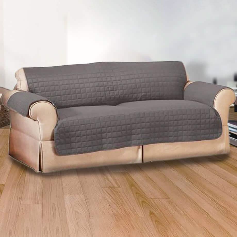 Quilted pet protector furniture slipcover in dark gray with beige base, 3-seat
