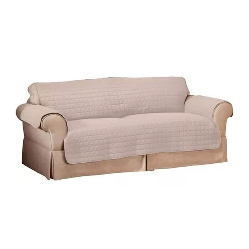 Quilted pet protector furniture slipcover in beige with matching quilted cushions, 3-seat