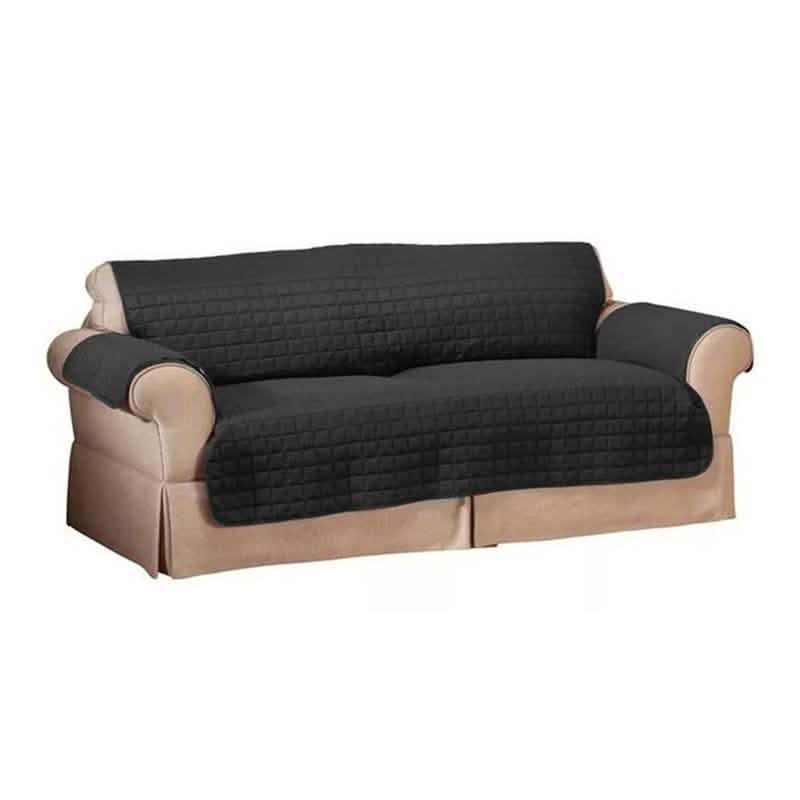 Quilted pet protector furniture slipcover in black with beige base, 3-seat