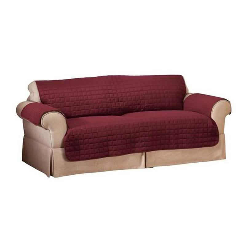 Quilted pet protector furniture slipcover in burgundy with beige base, 3-seat