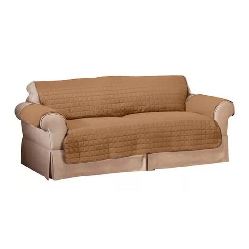 Quilted pet protector furniture slipcover in camel with beige base, 3-seat