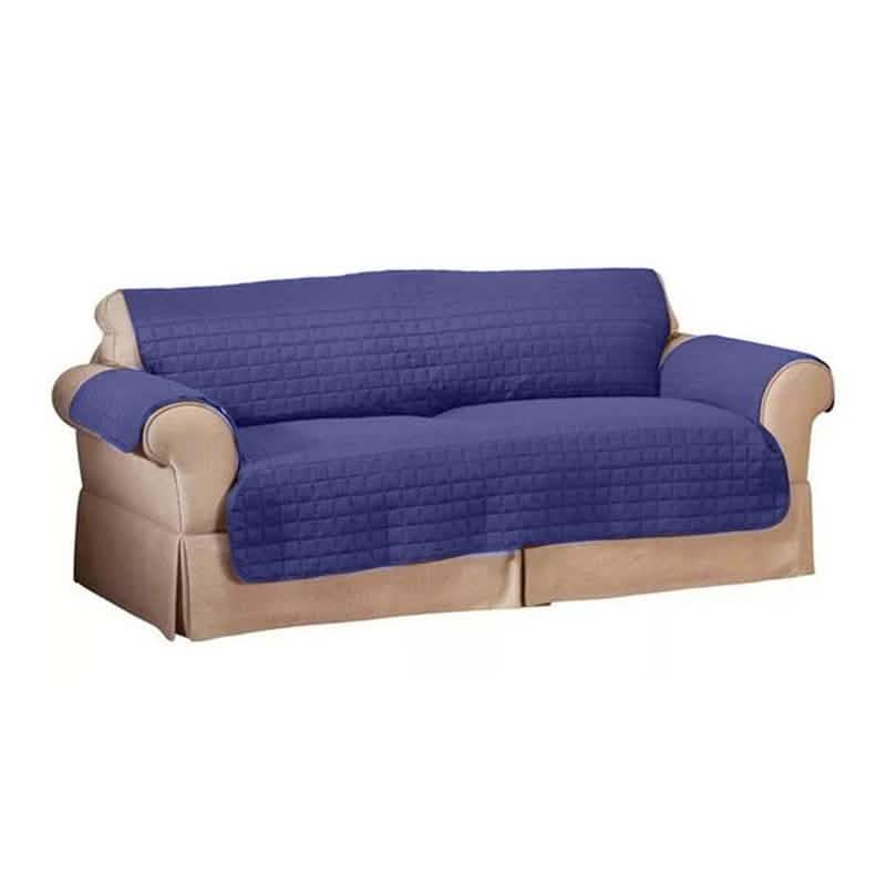 Quilted pet protector furniture slipcover in navy blue with beige base, 3-seat