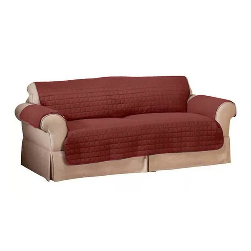 Quilted pet protector furniture slipcover in red with beige base, 3-seat