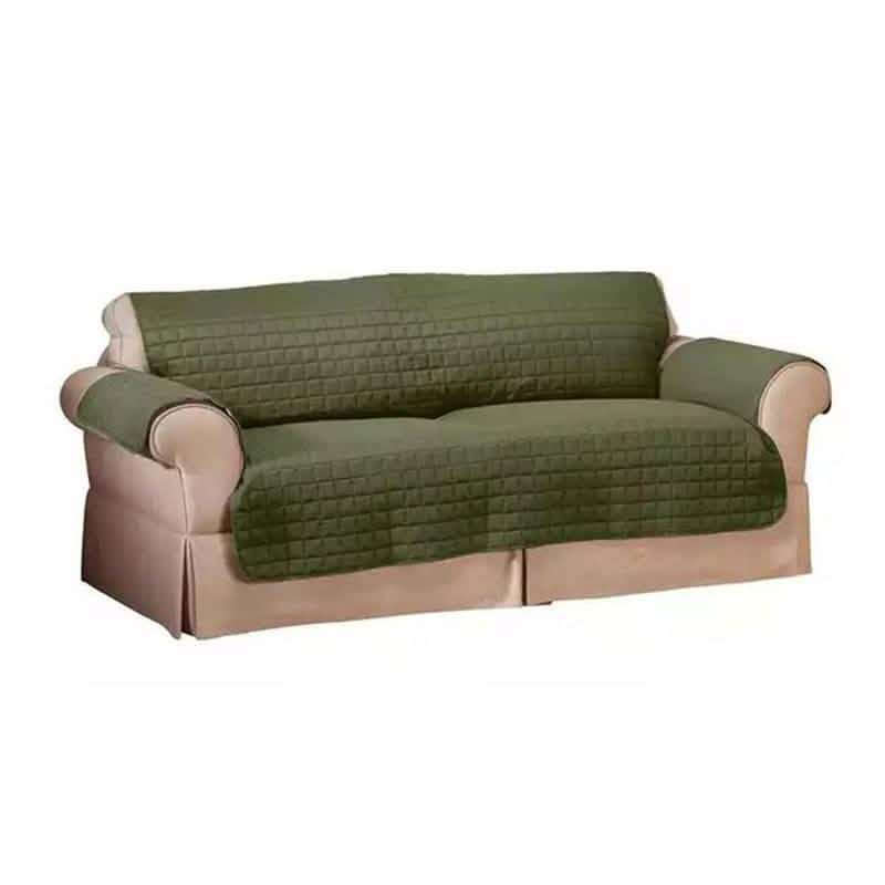Quilted pet protector furniture slipcover in sage green with beige base, 3-seat
