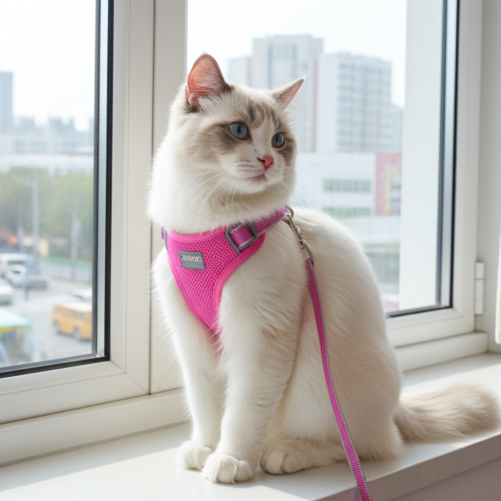 Dog Helios comfort leash and harness, pink padded harness with leash strap on a cat