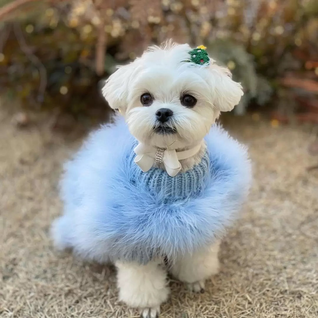 Light blue feathered pet sweater with ribbed knit turtleneck and plush trim
