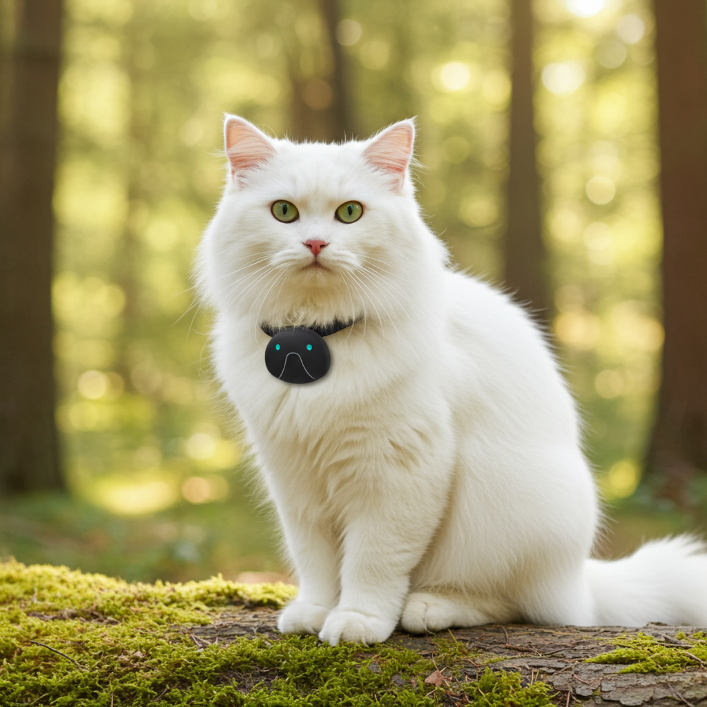 Pet smart wearable locator collar tag on white cat, round black device