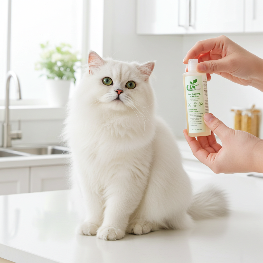 Pet ear cleaning drops bottle held near a white cat with green eyes