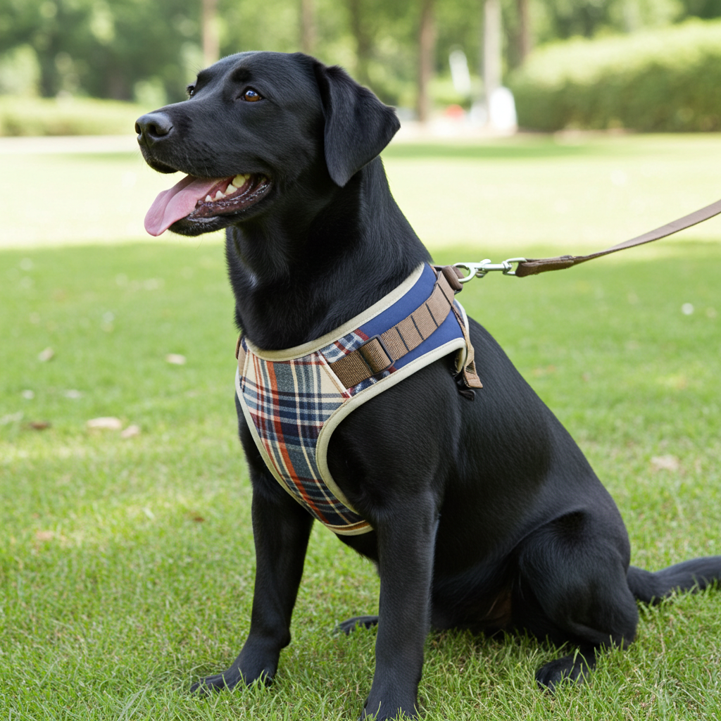 Plaid fabric adjustable dog harness with tan straps and attached leash
