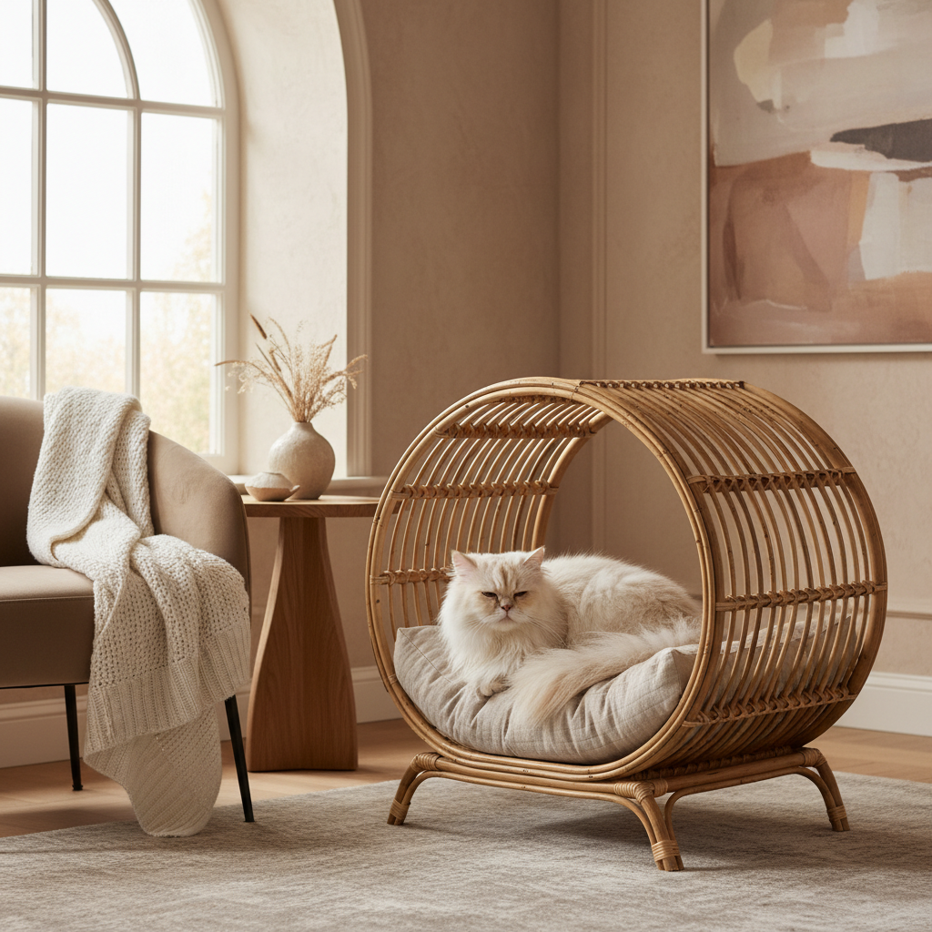 Round rattan-style cat bed with arched tunnel entrance and raised base, tan finish
