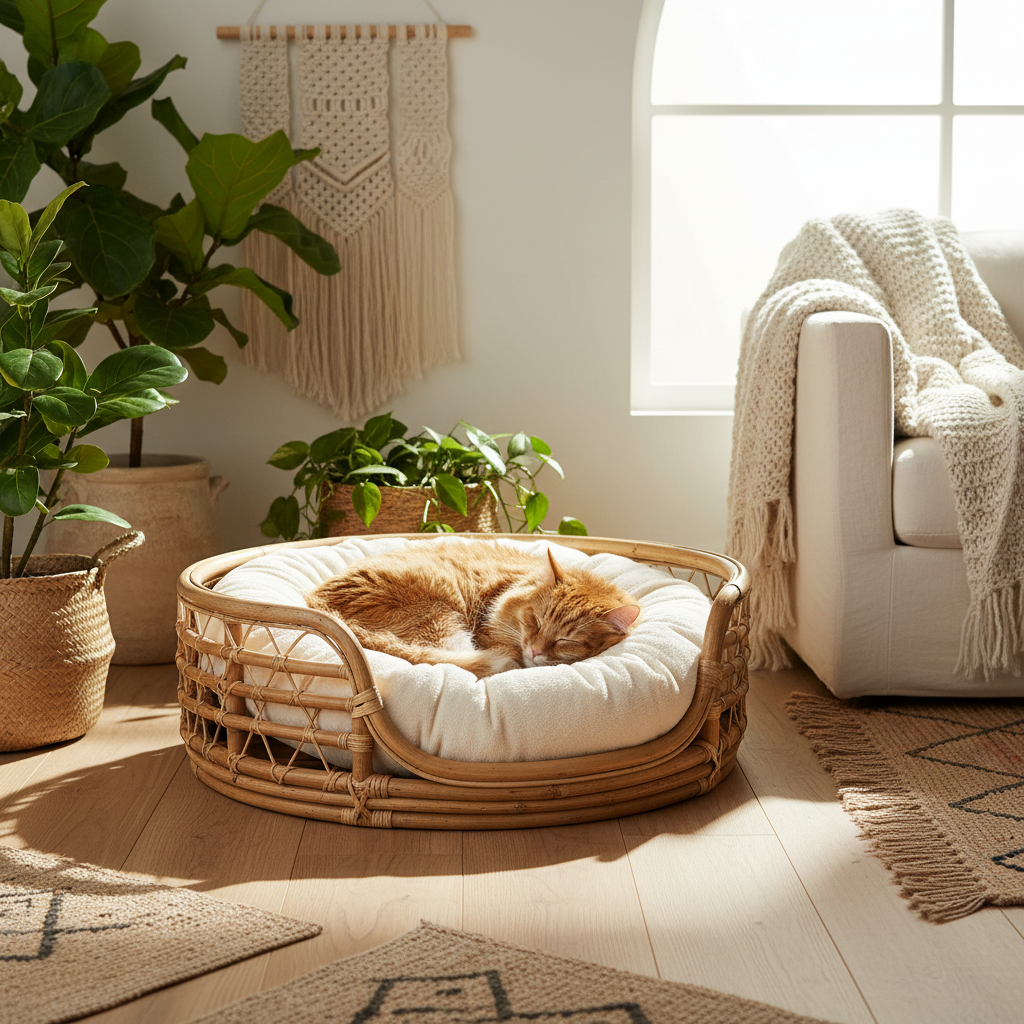 Round woven rattan pet bed with light cushion, with dog resting inside
