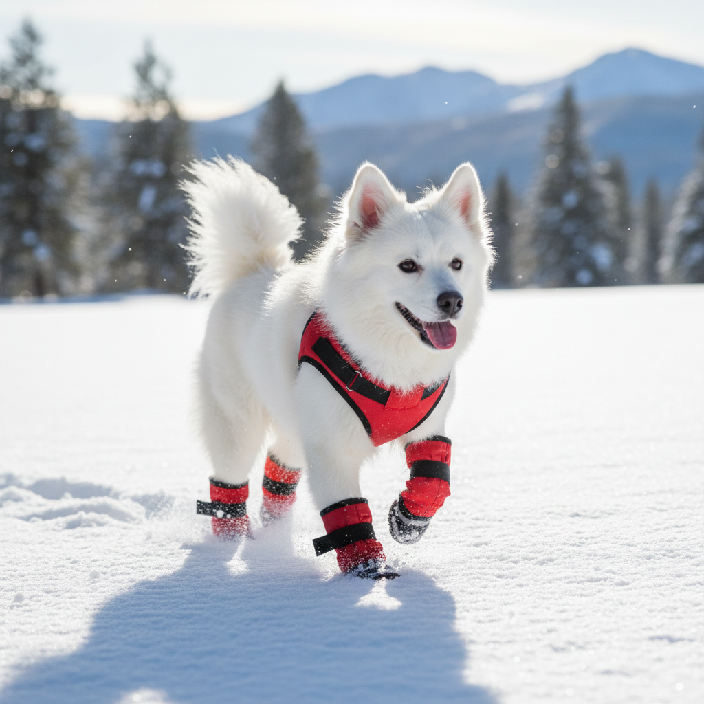 Red fleece-lined dog snow boots with black anti-slip soles and velcro straps