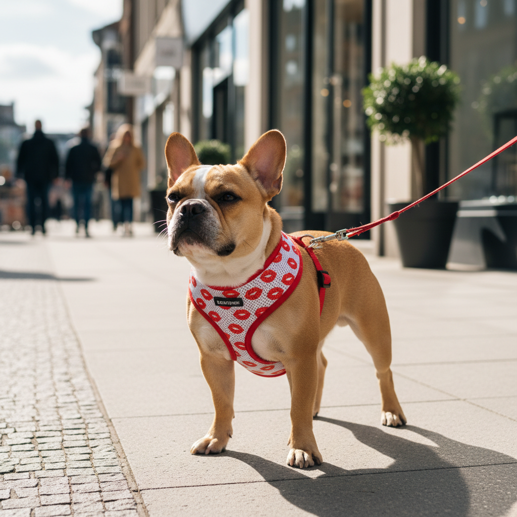 Red breathable mesh dog harness with chest traction strap