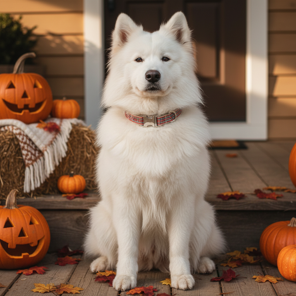 Red Plaid Collar White Samoyed