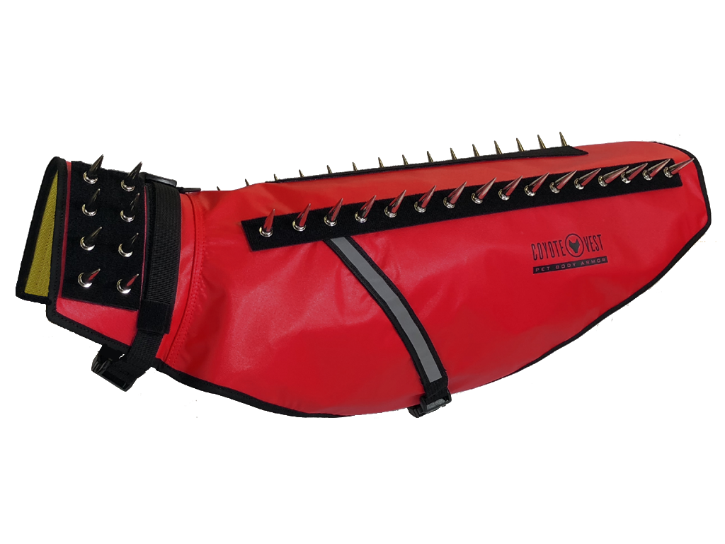 Bright red spiked dog vest with black grommet strap and adjustable side buckles