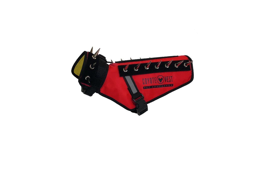 Red pet vest with black spikes, front strap and D-ring leash clip
