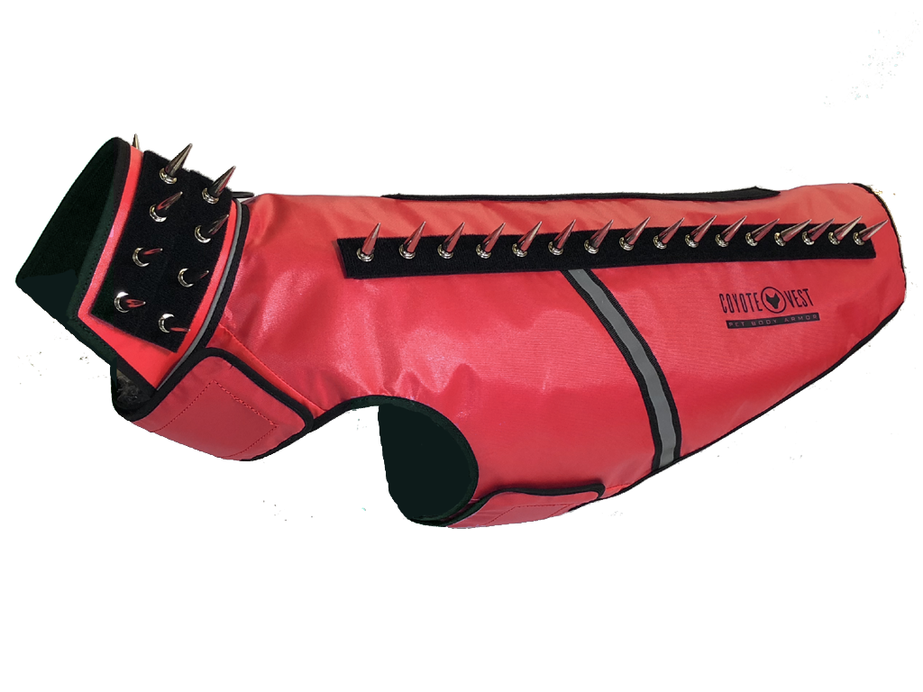 SpikeVest dog vest in red with black spike collar and metal studs, black trim