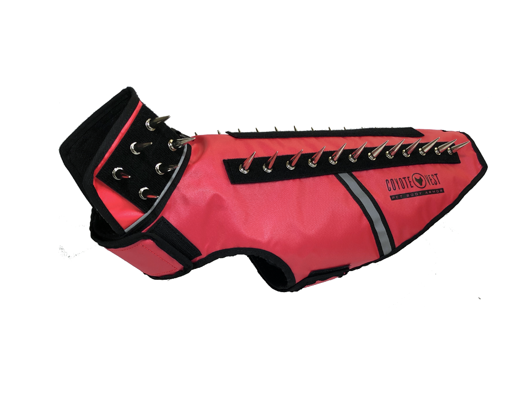 SpikeVest spiked vest with black side panels, red body, and metal spike row on top