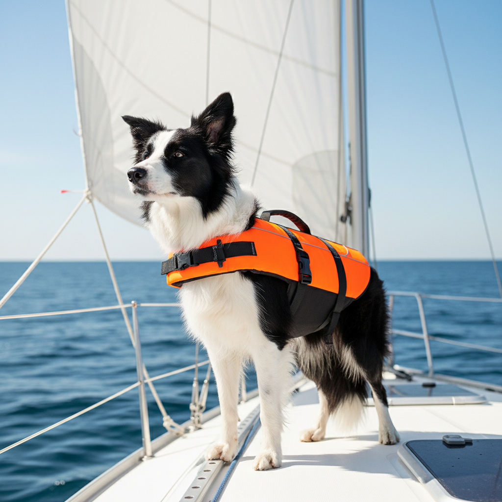 Orange reflective dog life jacket with black straps and belly support, top handle