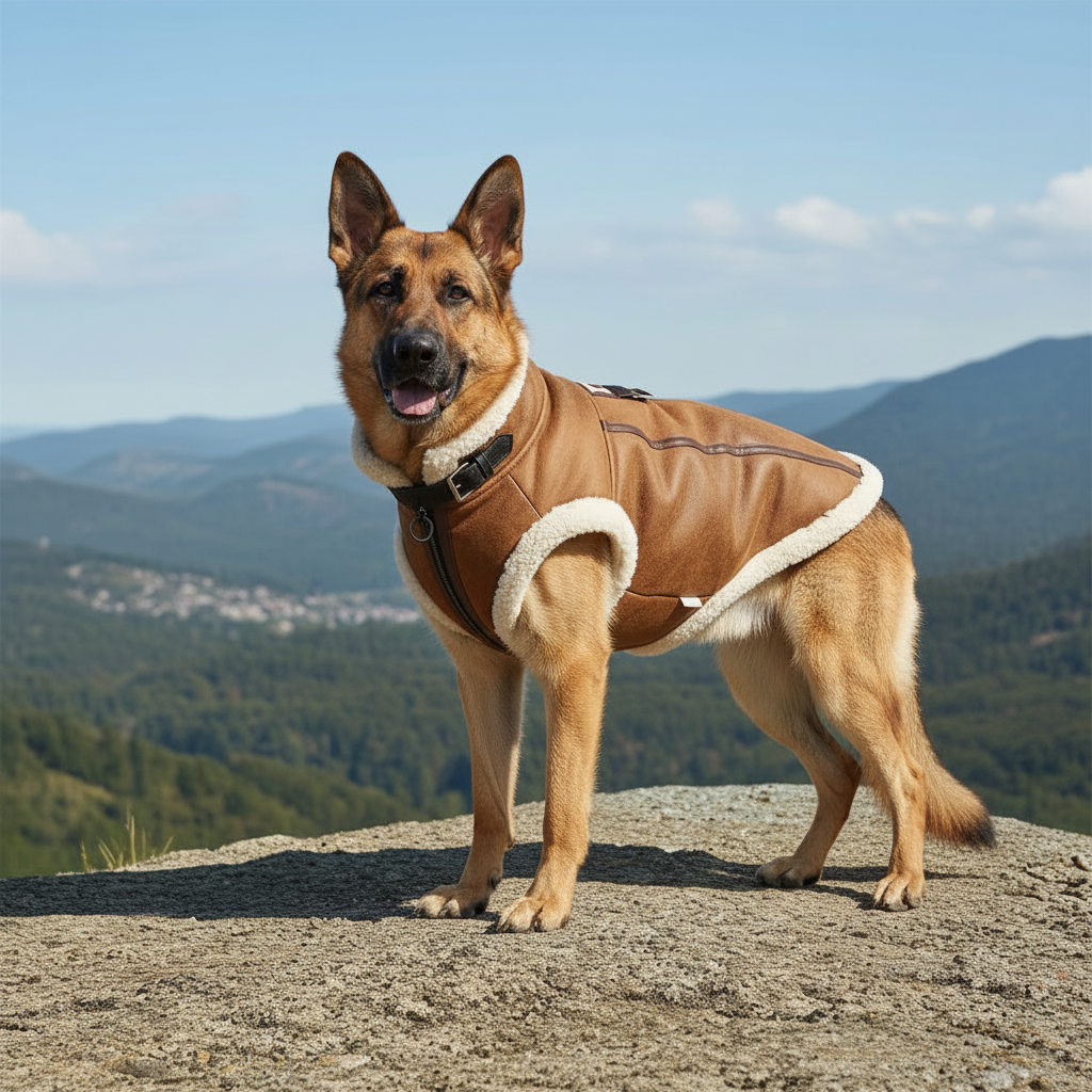 Brown faux leather dog aviator jacket with white sherpa lining and trim
