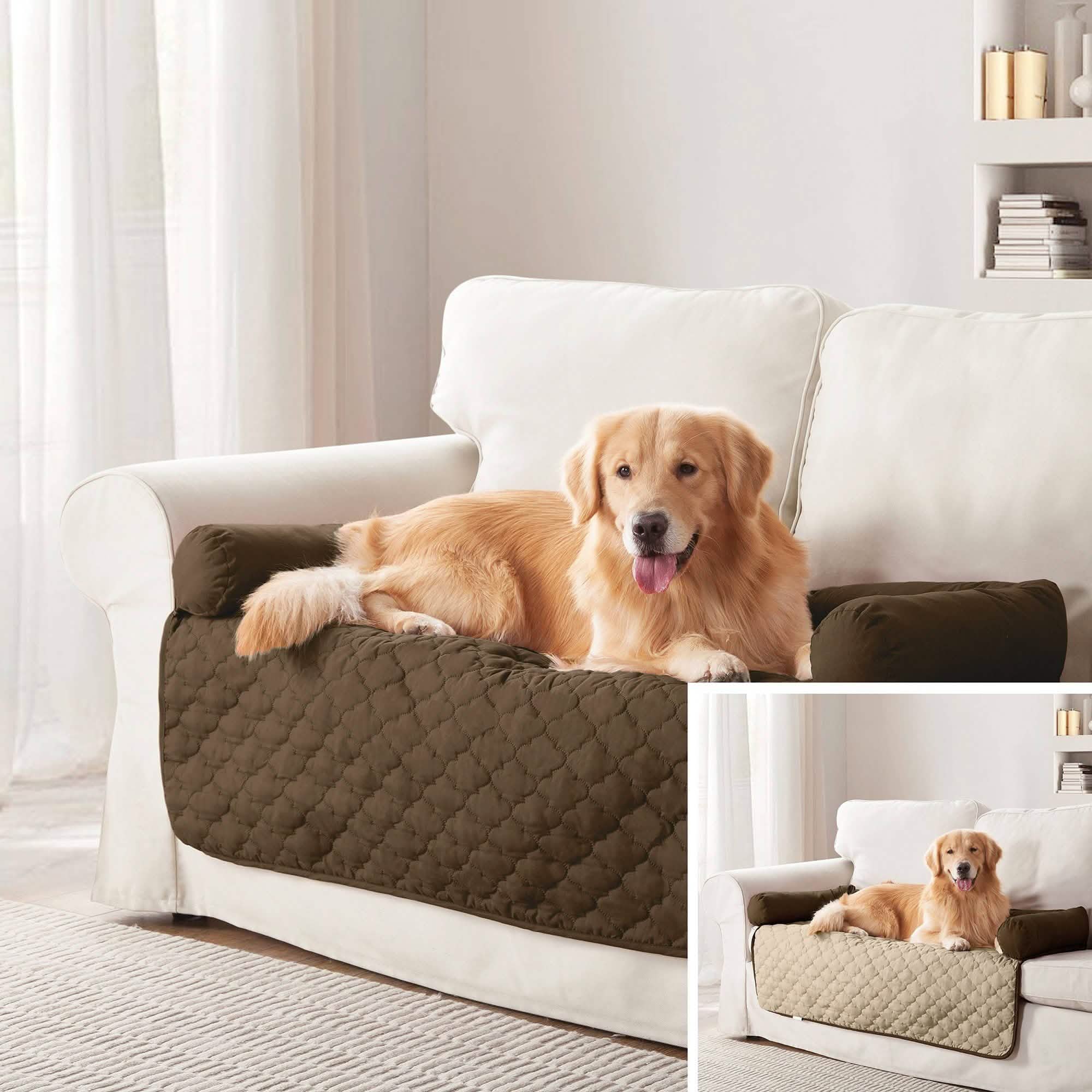 Reversible pet bed with quilted dark brown cover and light trim