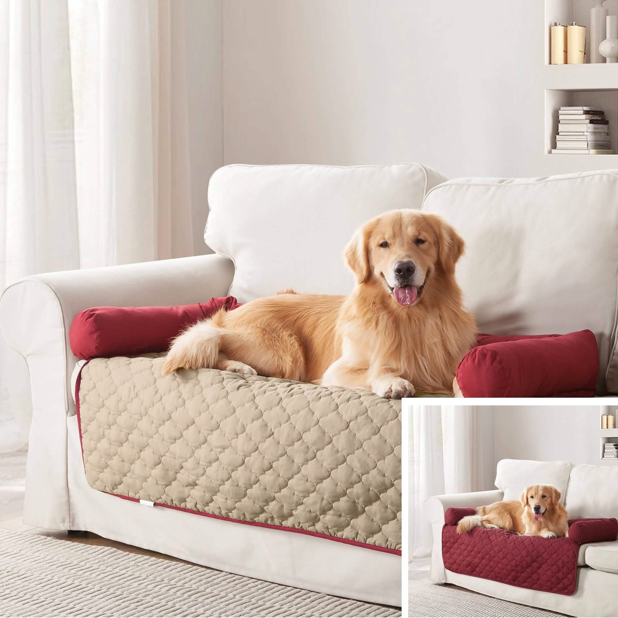 Reversible pet bed, quilted gray cover with red trim and red accent cushions