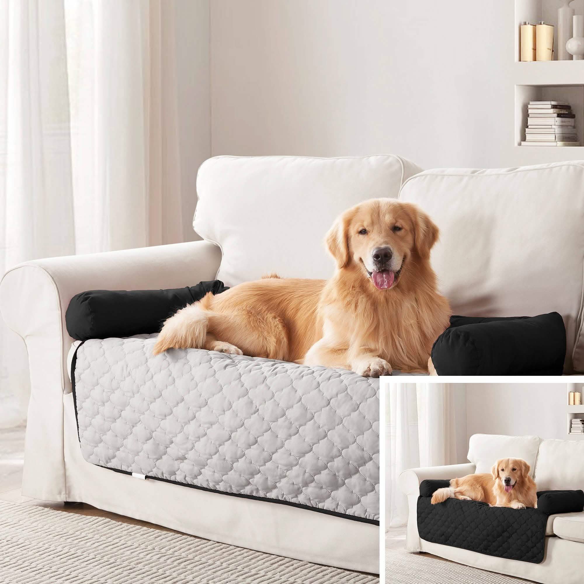 Reversible pet bed with quilted gray cover and black accent cushions