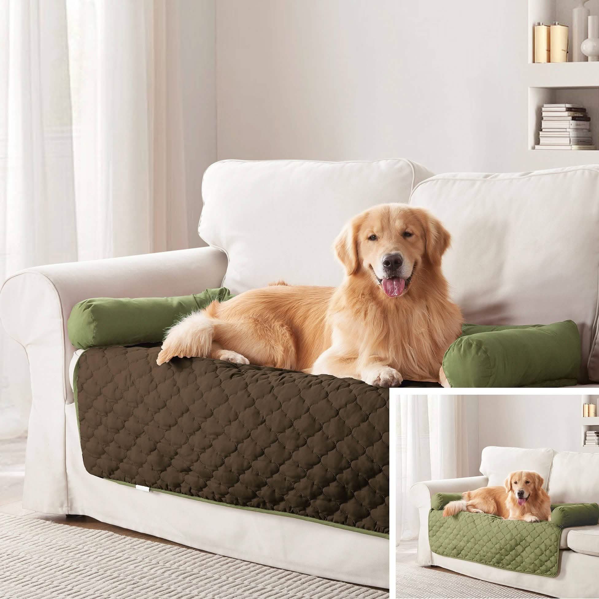 Reversible pet bed with quilted dark brown cover and green accent cushions