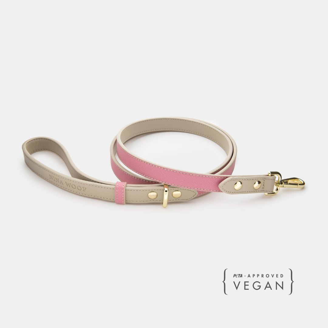 4 ft pink and tan vegan leather dog leash with gold clasp and grommet holes
