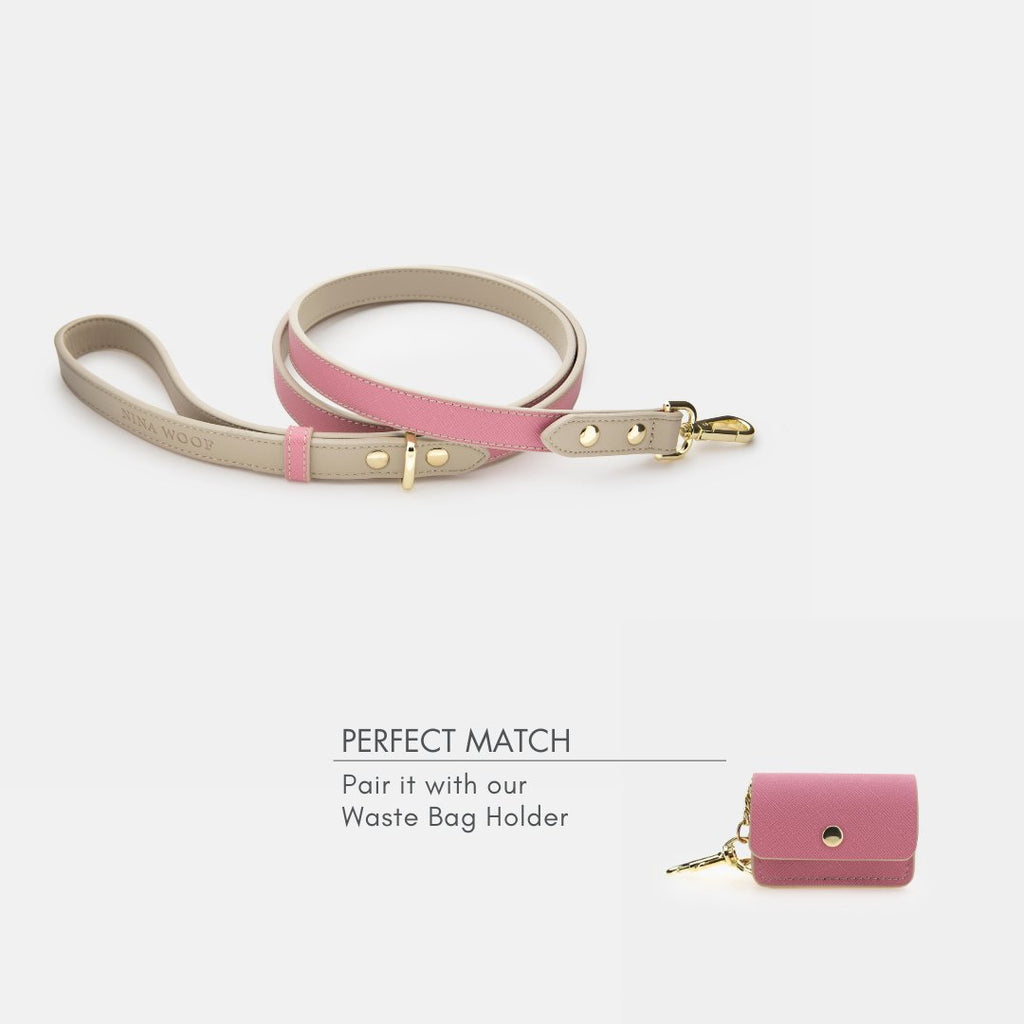 Pink and tan vegan leather dog leash with gold clasp