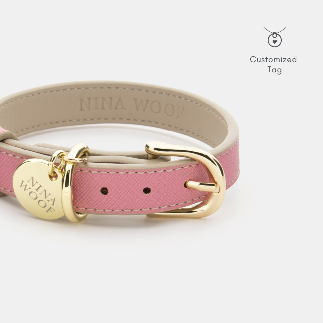 Pink vegan leather dog collar with gold buckle and round engraved tag
