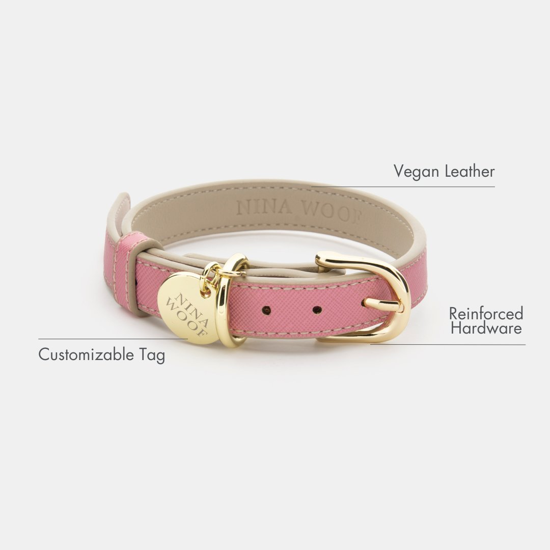 Pink vegan leather dog collar with gold buckle, reinforced hardware, customizable tag