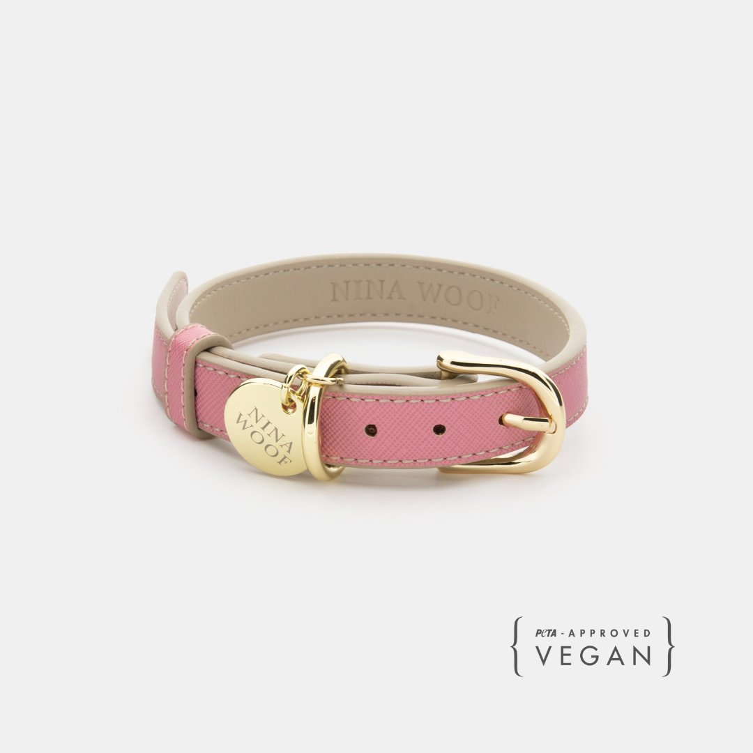 Pink Rio vegan leather dog collar with gold buckle and round nameplate tag