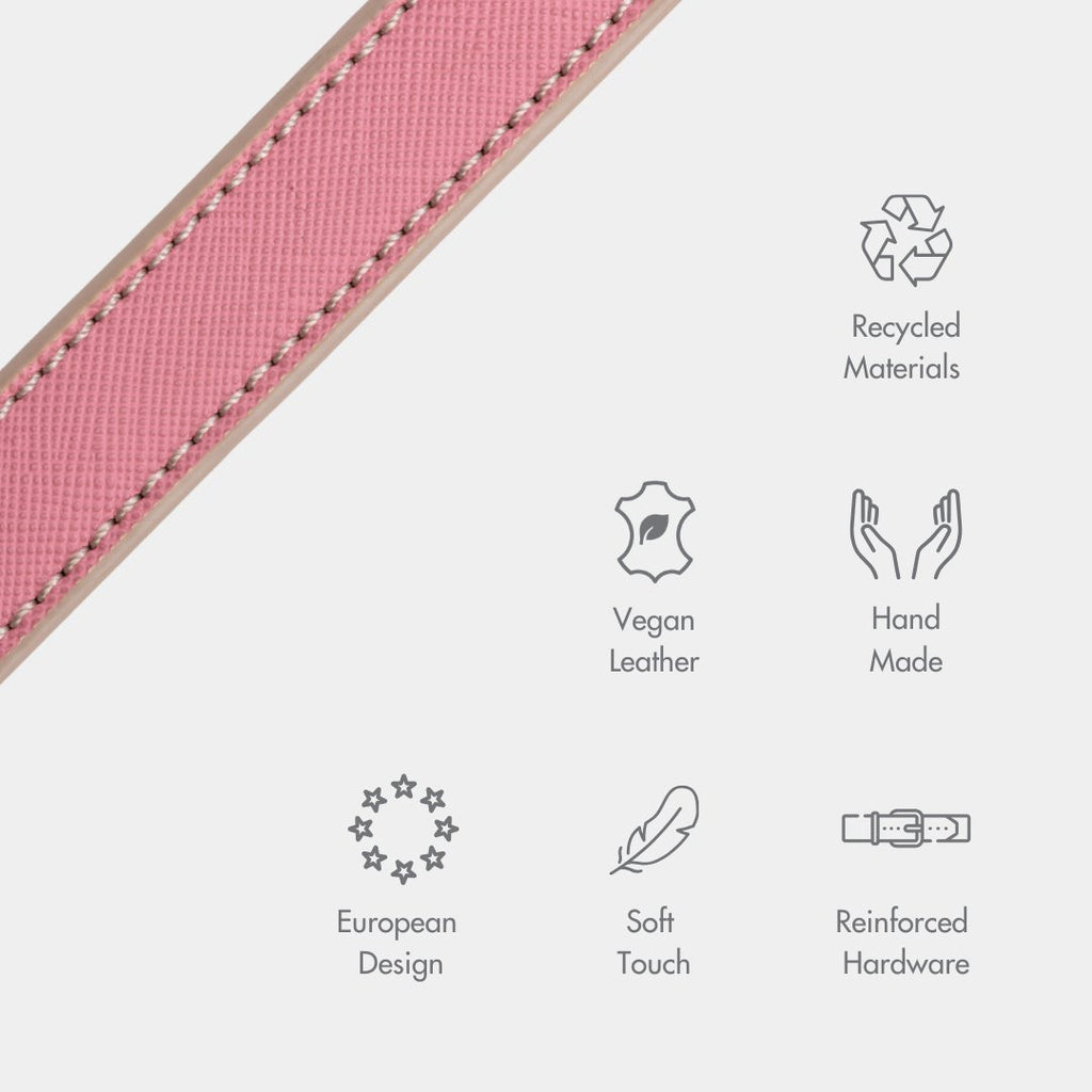 Pink vegan leather collar with visible stitching along the edge