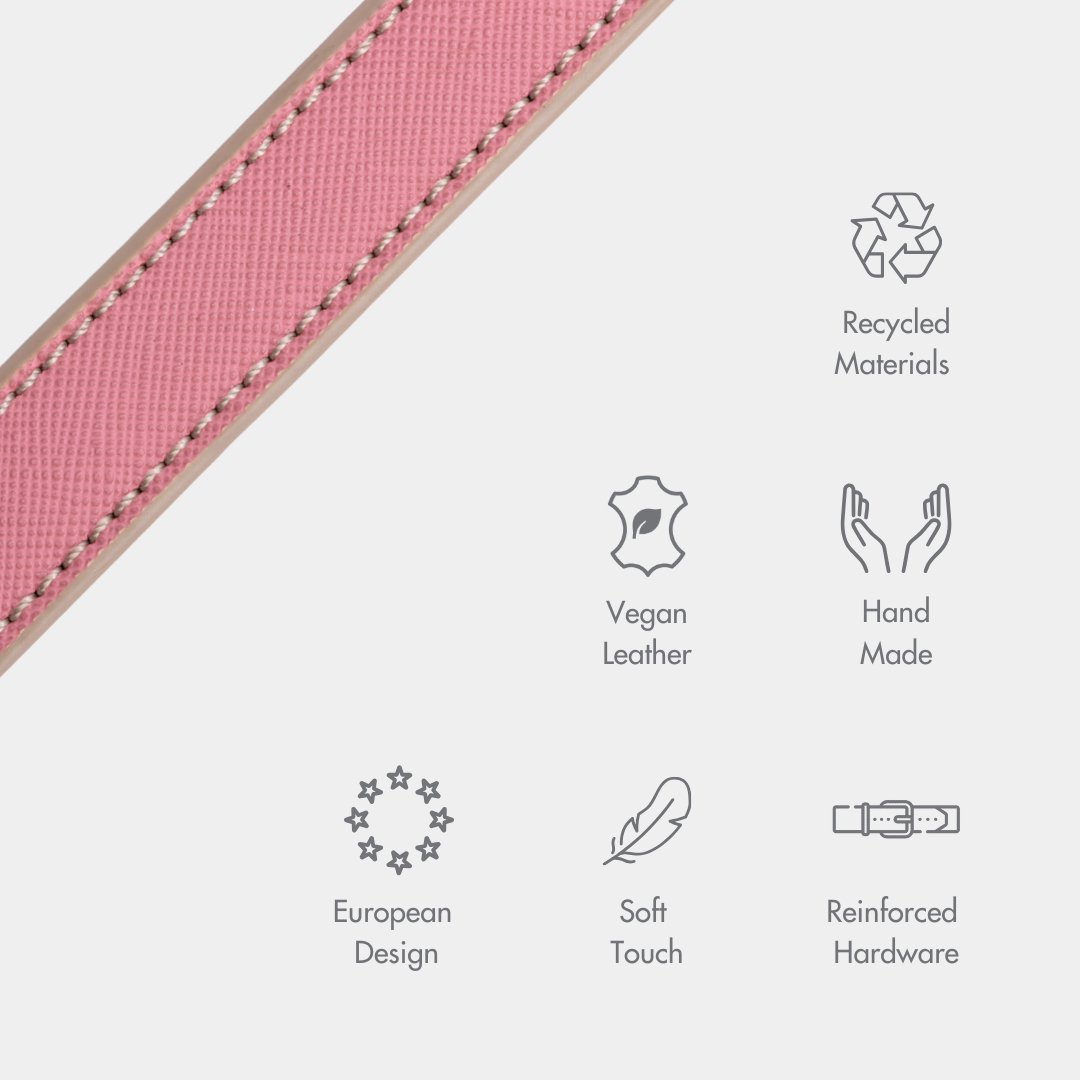 Pink vegan leather collar with visible stitching along the edge