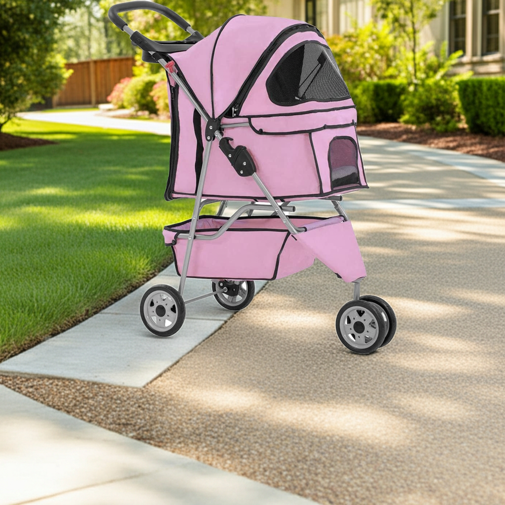 Pink 3-wheel pet stroller with padded canopy and front wheels