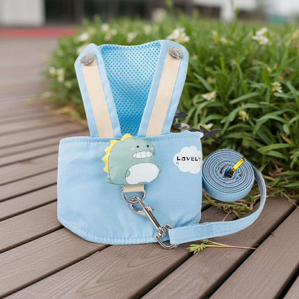 Light blue pet vest with cartoon patch and matching leash with metal clip
