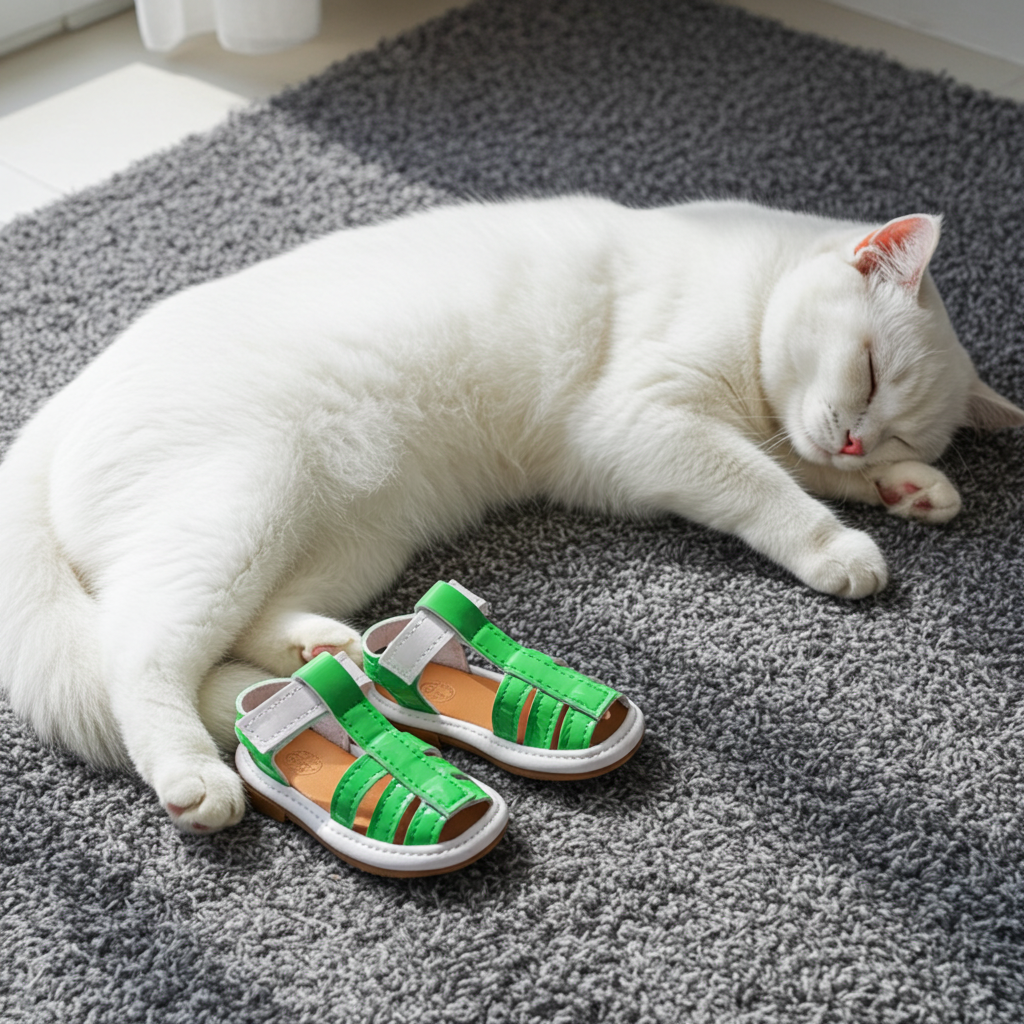 PVC waterproof pet shoes, neon green sandals with buckle straps, on a pet.