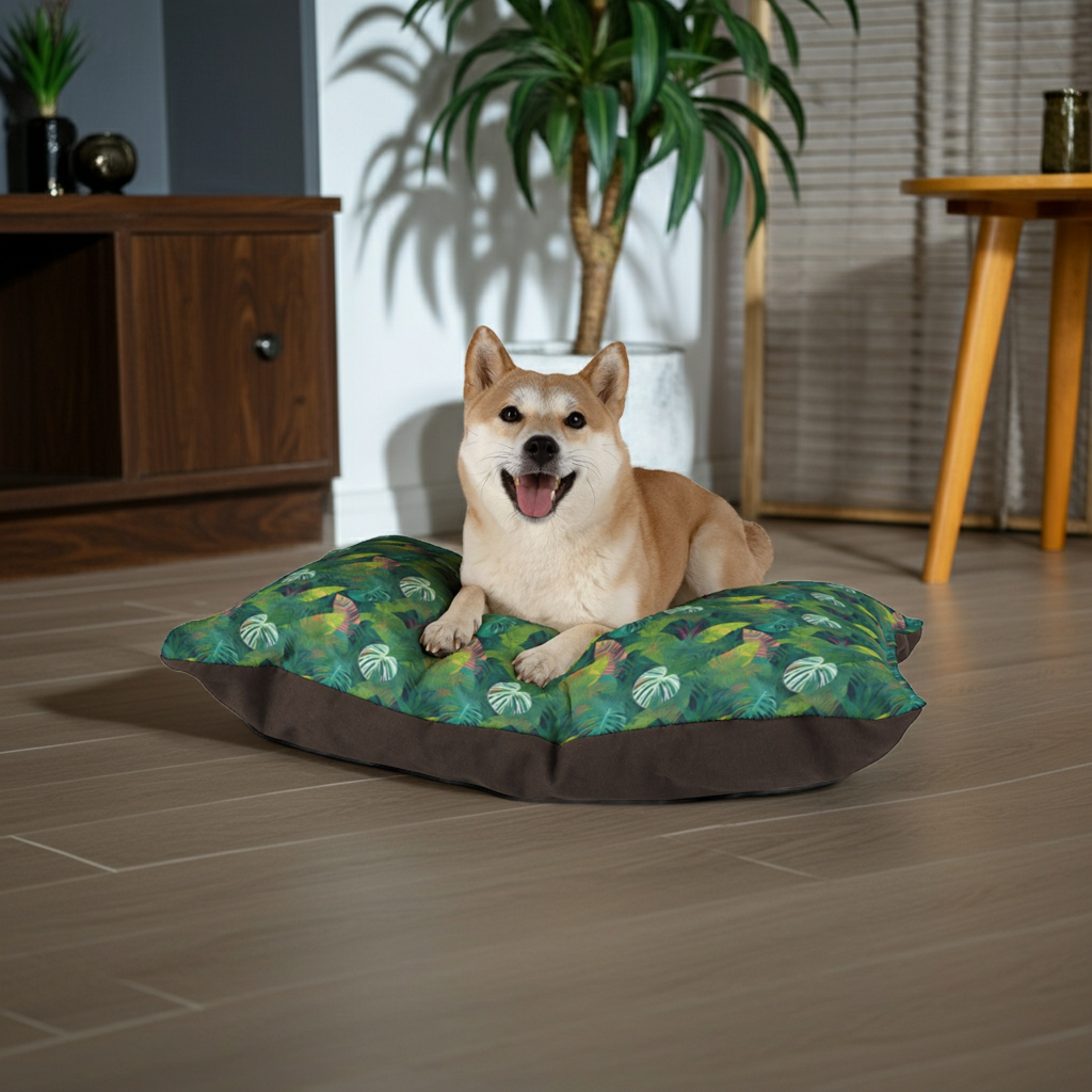 Emerald Canopy Tropical Leaves Pet Bed — Coral Fleece, Removable Cover, 40" × 30"