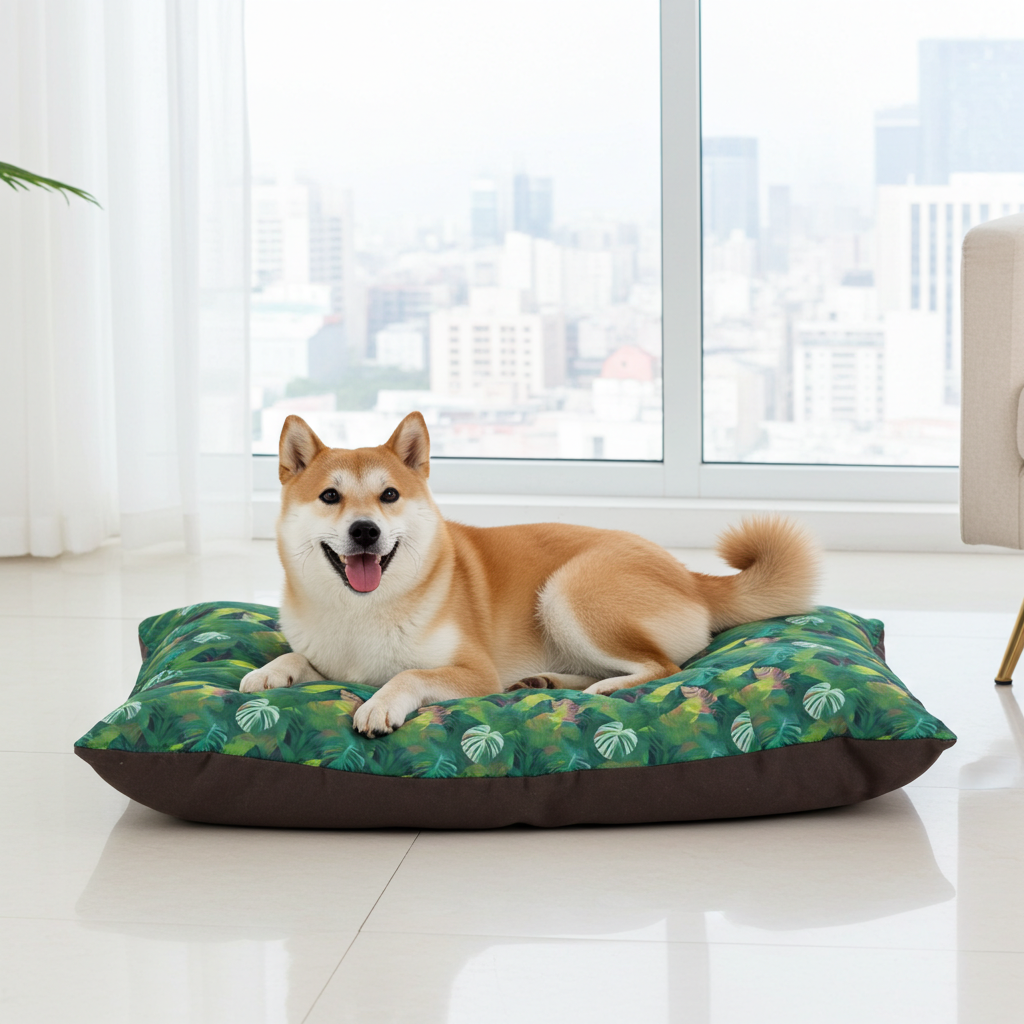 Emerald Canopy Tropical Leaves Pet Bed — Coral Fleece, Removable Cover, 40" × 30"
