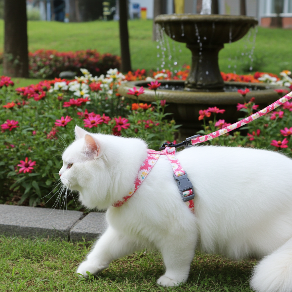 Touchcat cat harness and leash combo, pink floral pattern, cat wearing it