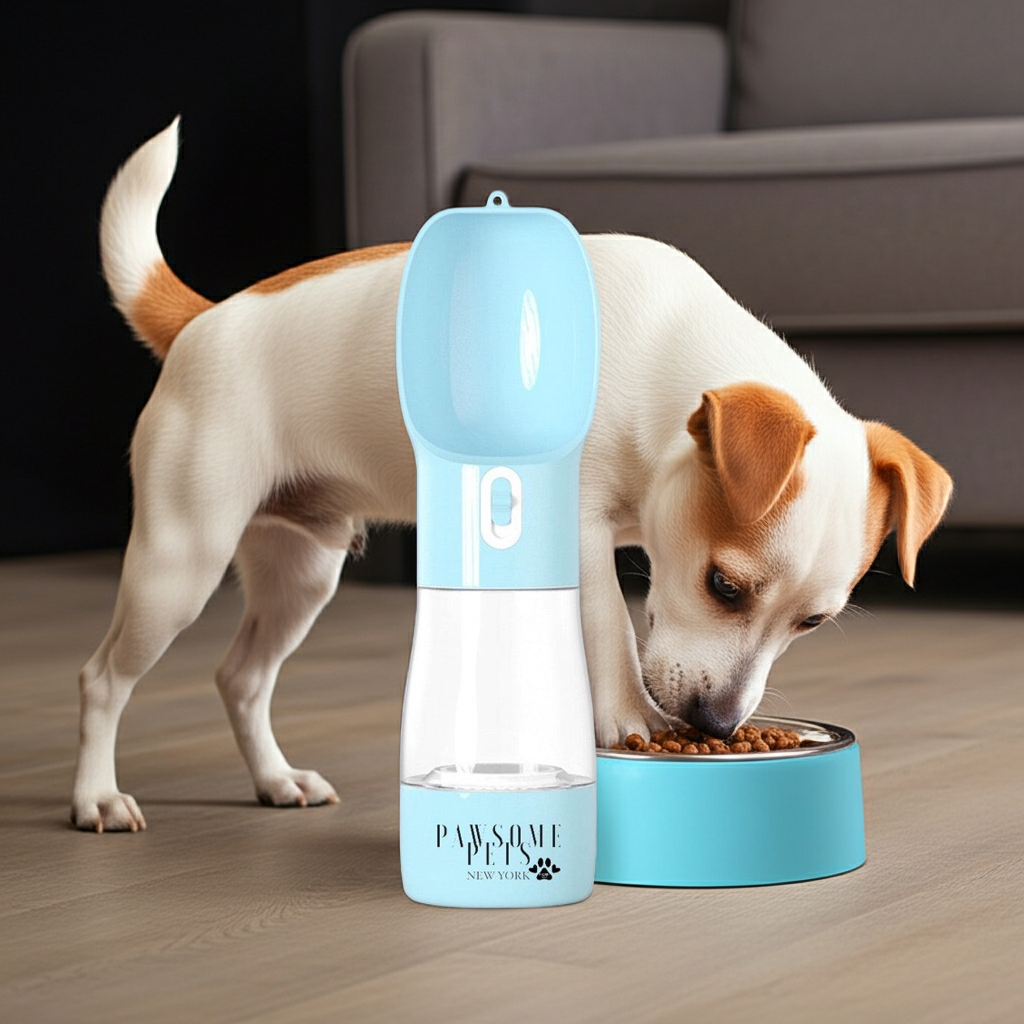 Portable 2-in-1 pet feeder in light blue and white with two bowls and flip lid