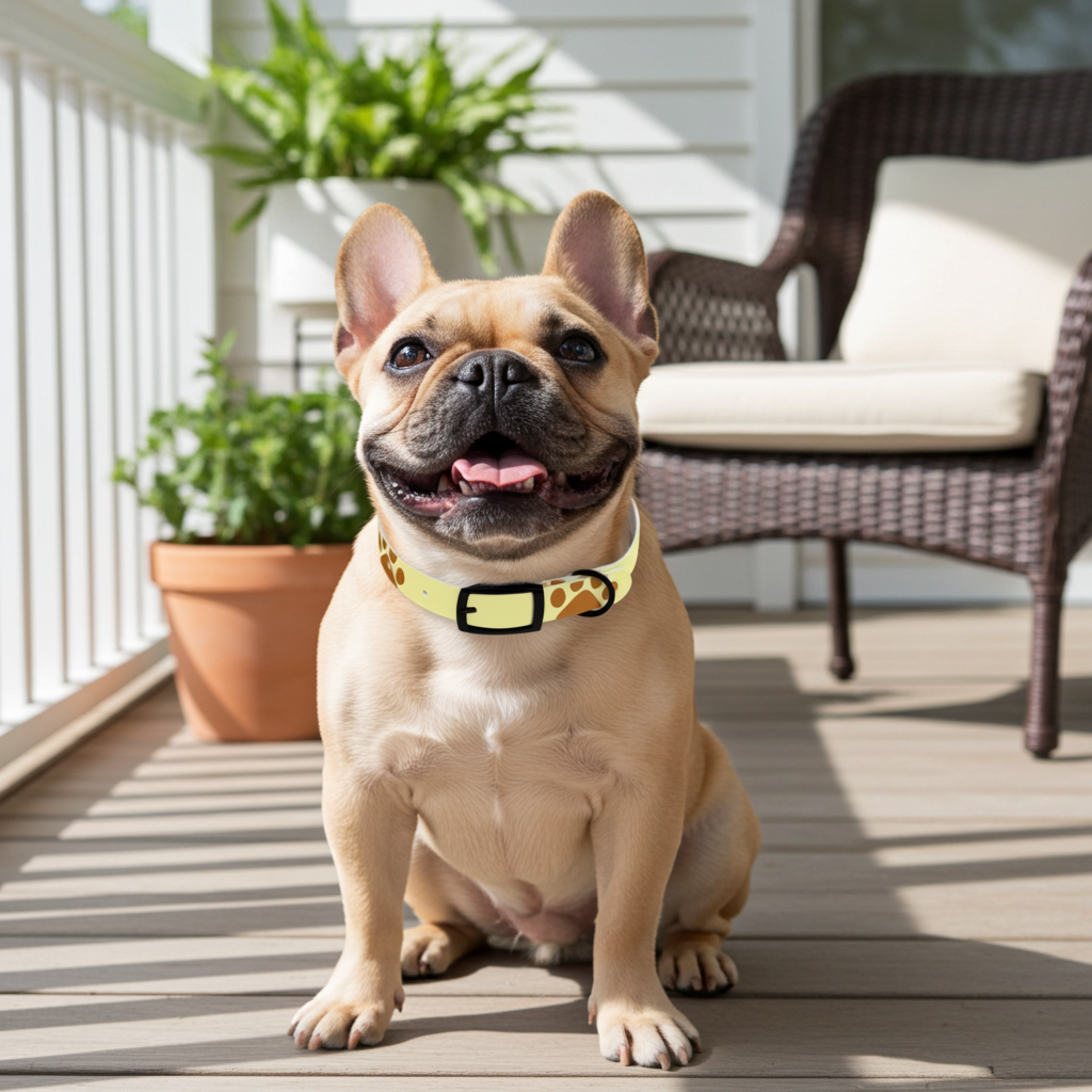 Golden Pawprints on Buttercream Sky Pet Collar — Waterproof TPU, 4 Buckle Finishes, S–XL