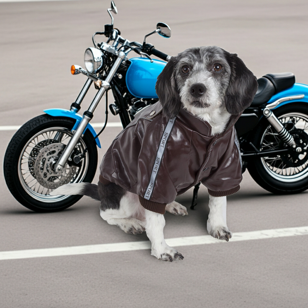 Dark suede stitched dog jacket with front zip, worn by a small dog
