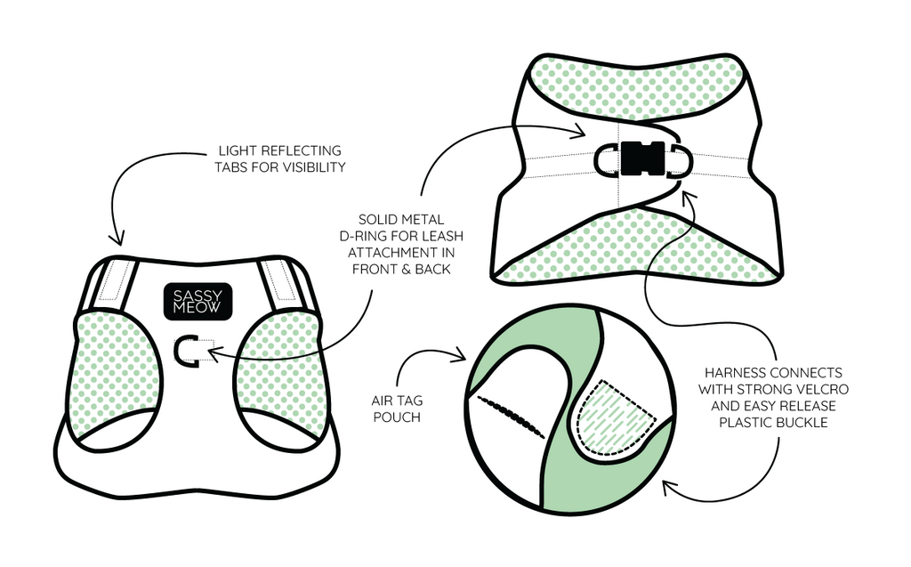 Diagram of cat step-in harness features, including D-rings, velcro, and air tag pouch