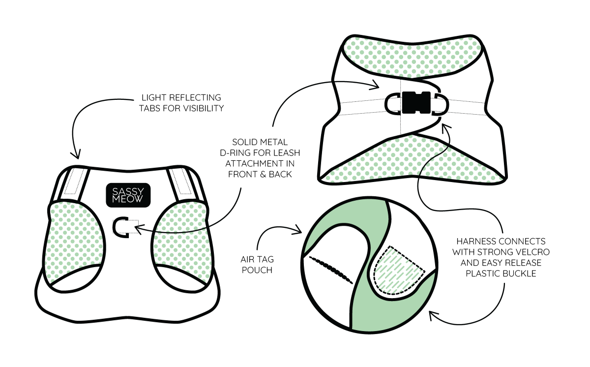 Diagram of cat step-in harness features, including D-rings, velcro, and air tag pouch