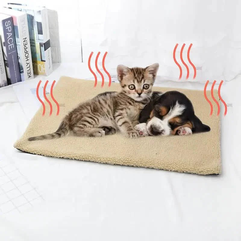 Self-heating pet mat in khaki with cat and small dog resting on top