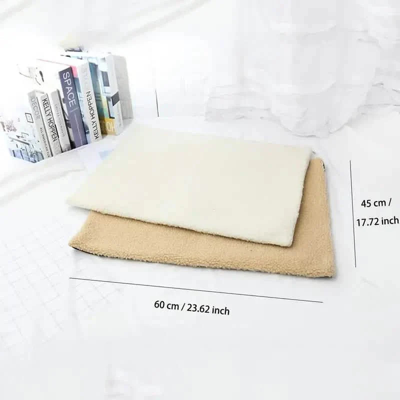 Self-heating pet mat in khaki with size measurements shown