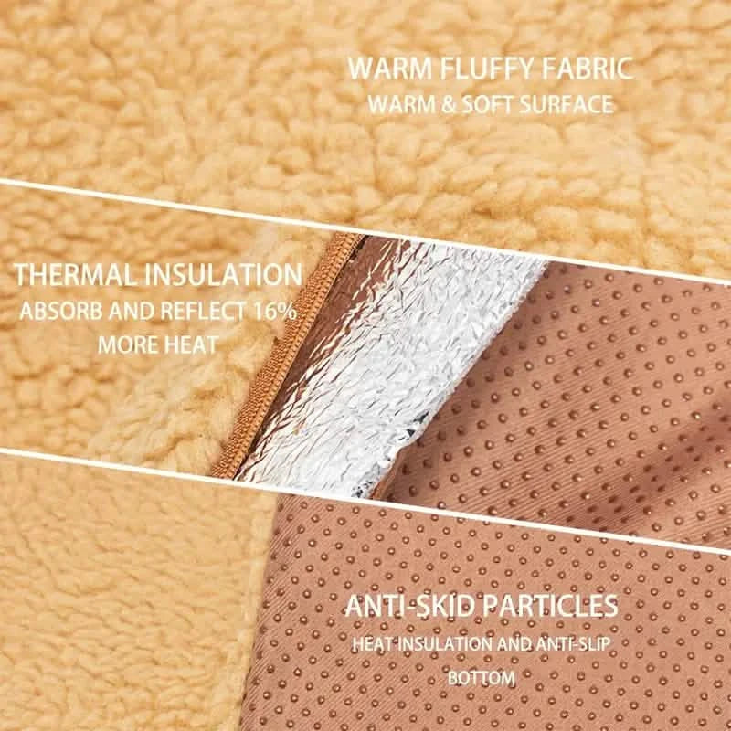 Close-up of self-heating pet mat layers: thermal insulation and soft warm fabric