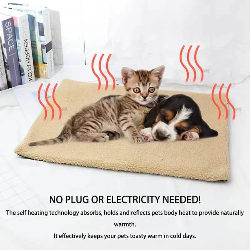 Khaki self-heating pet mat with cat and dog and red heat icon graphics